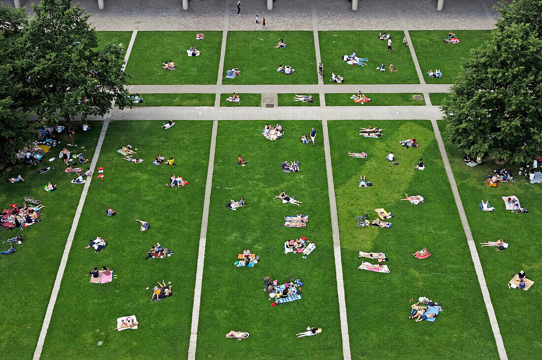 France,Paris, 15th arrondissement, Parc André Citroën, General view from the tethered balloon, Parisians trying to enjoy the nice weather