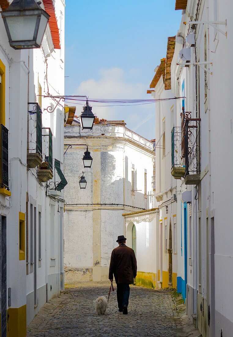 Portugal,man walking with his dog in a narrow street of Evora