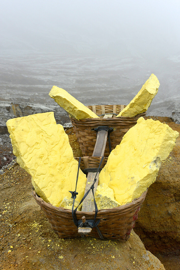 Sulfur mining industry in the Ijen volcano in East Java, Java island, Indonesia, South East Asia