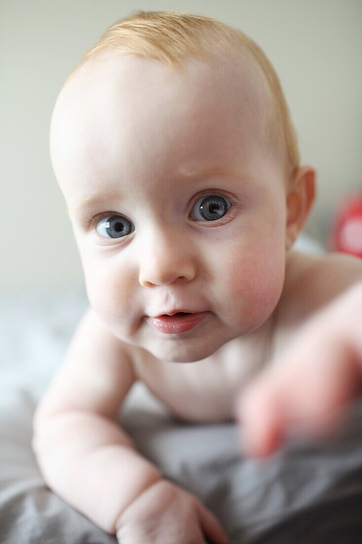 Portrait of a 9 months hold baby girl on a bed