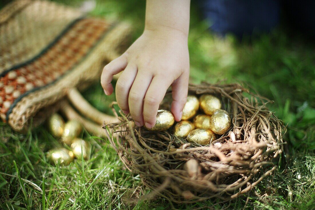 Close-up of a child's hand picking up Easter eggs in a nest in the countryside