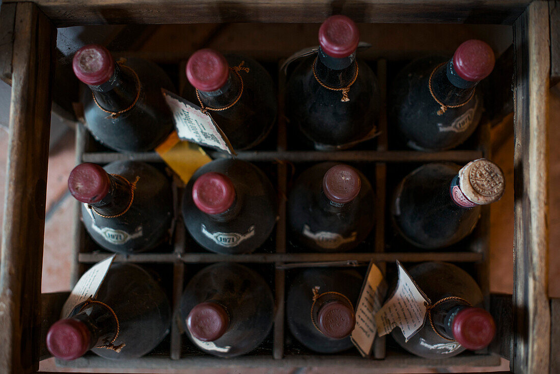 Crate of Old Wine Bottles, High Angle View