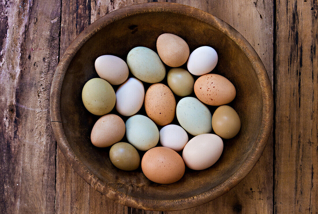 Bowl of Assorted Colorful Eggs, High Angle View