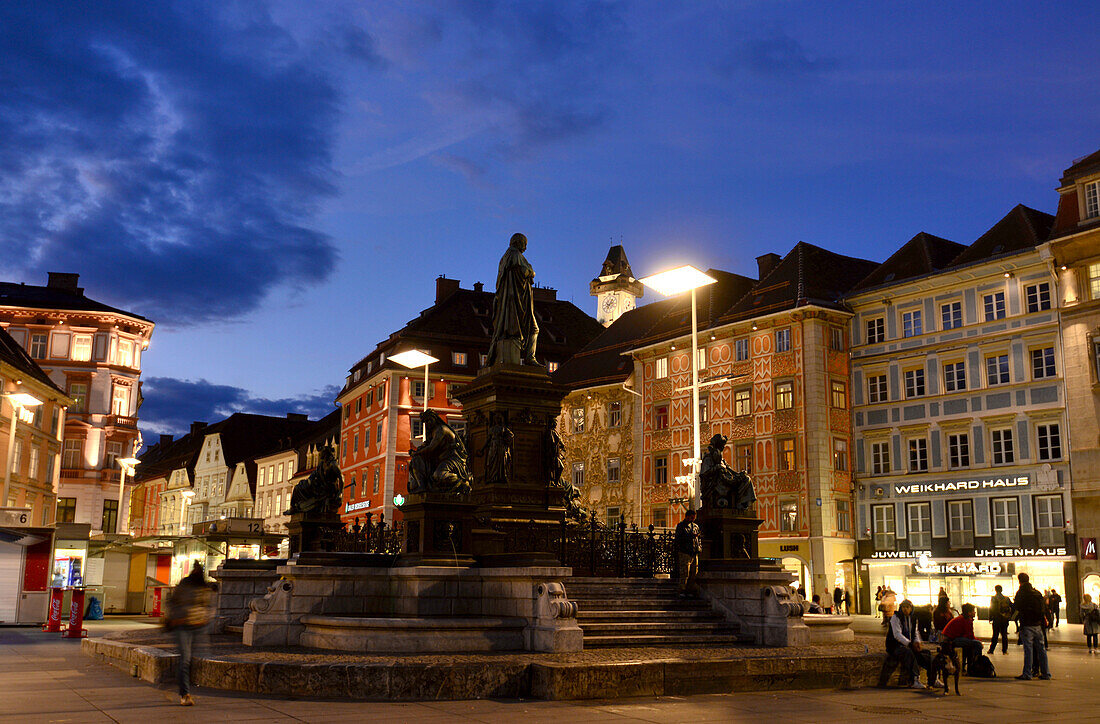 View from Mainsquare to the Clocktower on castlehill, Graz, Styria, Austria