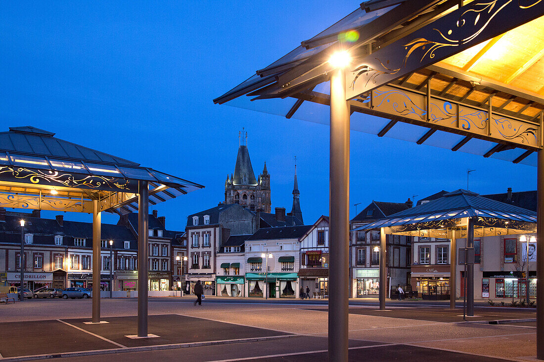 the market square at night, place boislandry, l'aigle (61), france