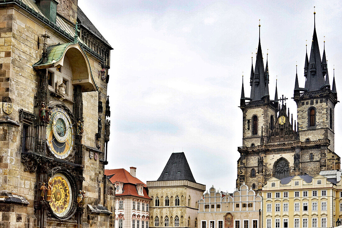 astronomical clock and the church of our lady before tyn dominating the square in the old city, prague, bohemia, czech republic
