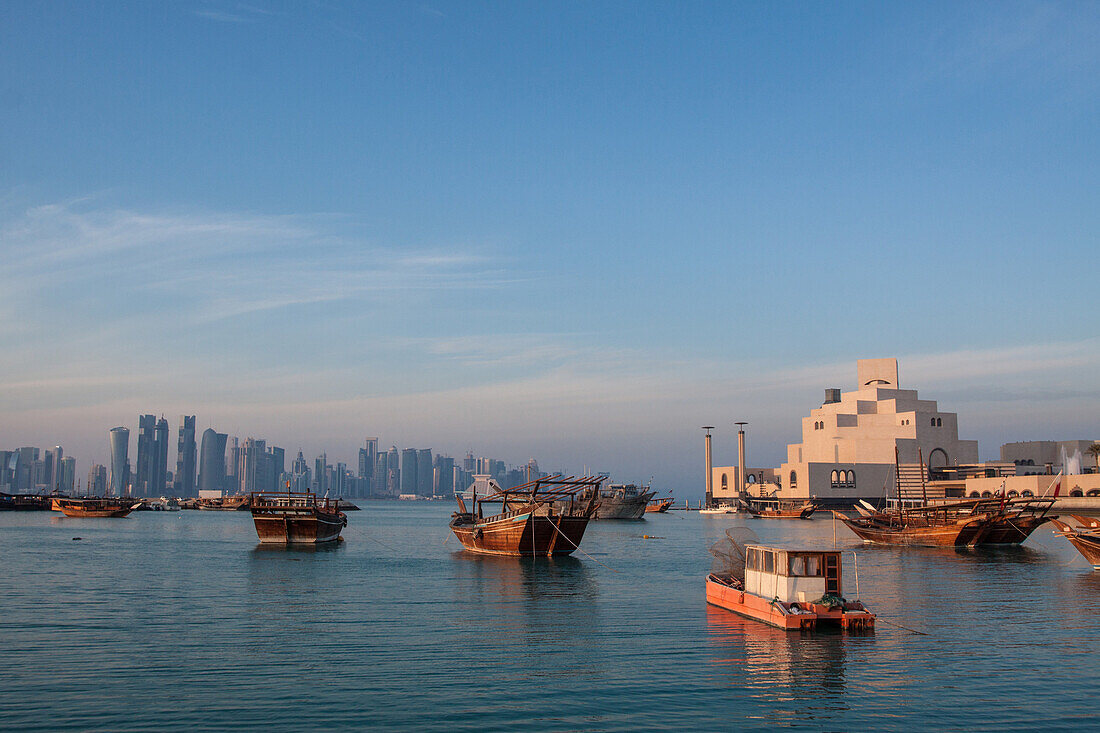 view of the museum of islamic art built by the architect ieoh ming pei, west bay and the skyline of the city center of doha, qatar, persian gulf, middle east