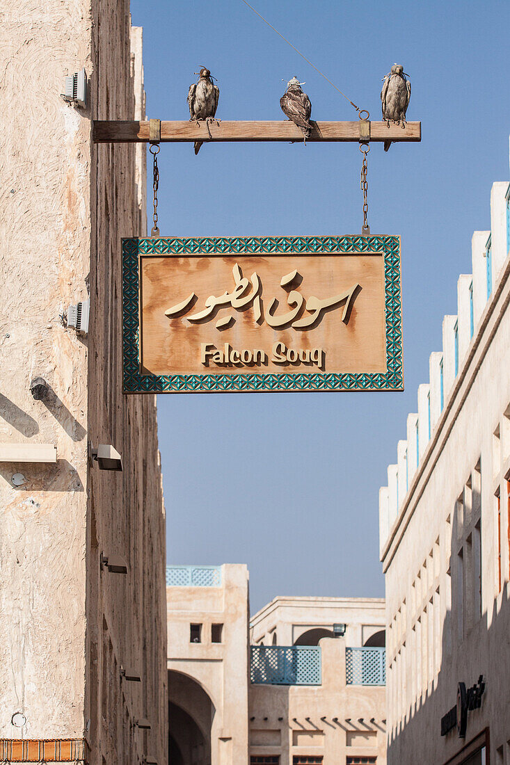 sign indicating the entrance to the falcon market, falcon souq, waqif souq, doha, qatar, persian gulf, middle east