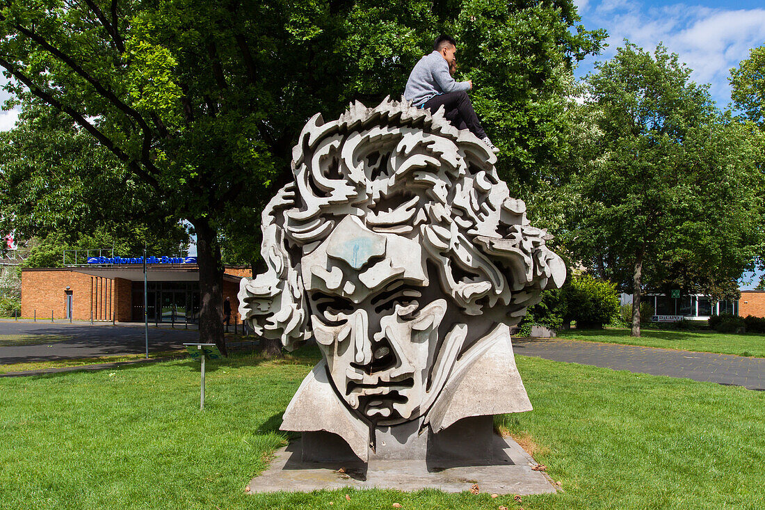 couple d'amoureux perche sur une statue de siegfrid wolske representant le visage du compositeur allemand ludwig van beethoven, bonn, land de rhenanie-du-nord-westphalie, allemagne