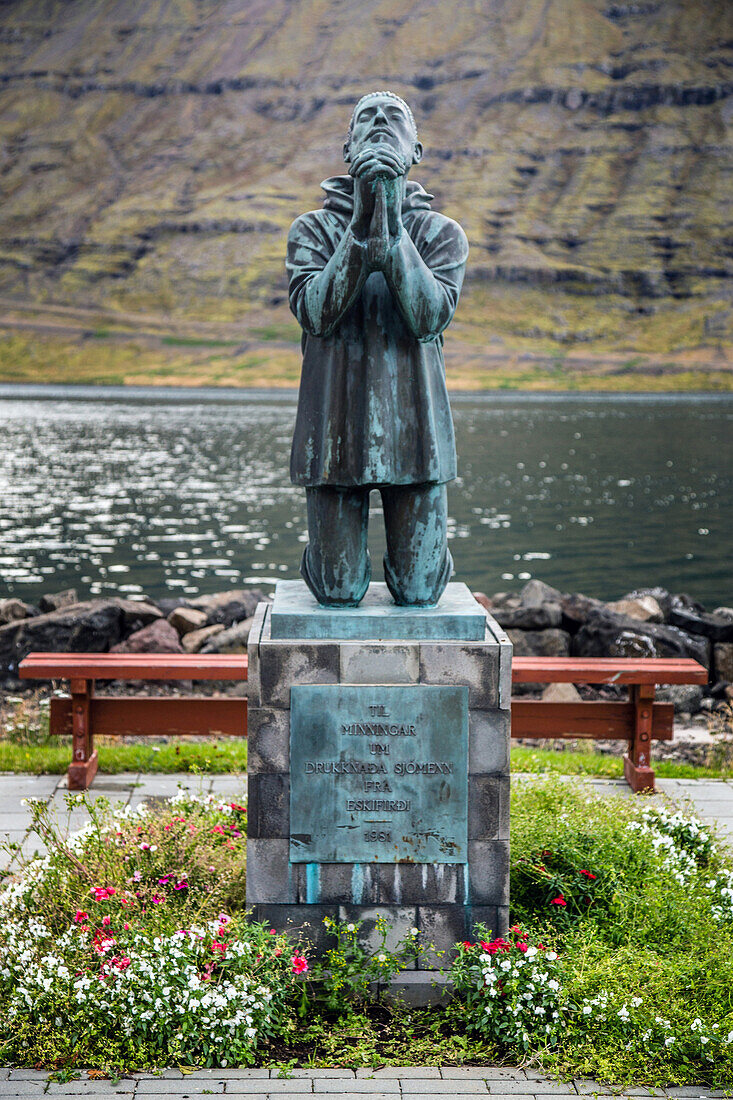 monument to fishermen, neskaupstadur, eastern fjords, iceland, europe
