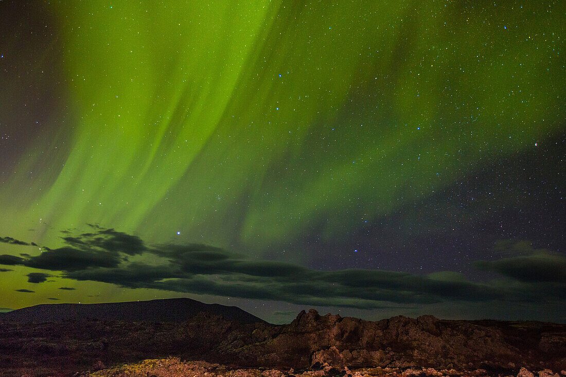 aurora borealis over the region of myvatn lake, northern iceland in the area around the volcano krafla, iceland, europe