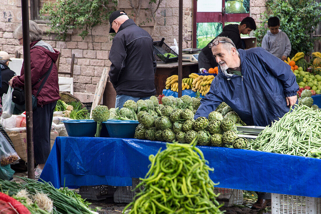 fruit and vegetable stall, food market of namik kemal, cunda alibey, the olive riviera, north of izmir, turkey