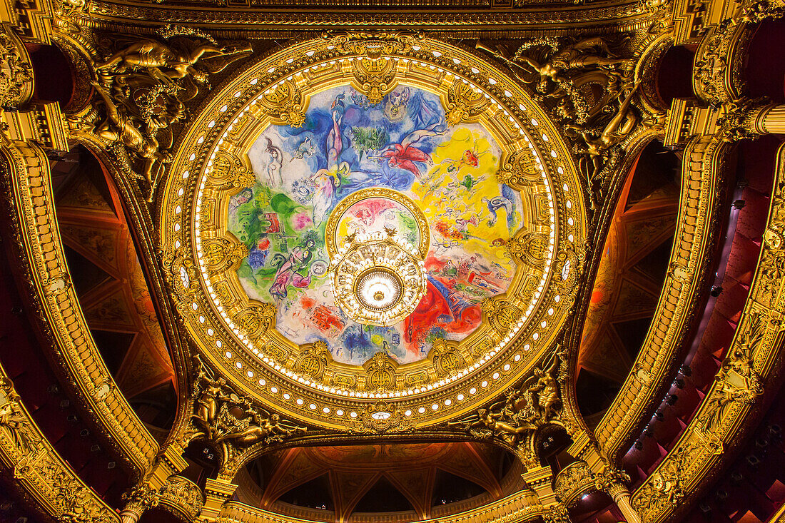 interior of the opera garnier, palais garnier, ceiling painted by marc chagall in 1964, 9th arrondissement, (75), paris, ile-de-france, france