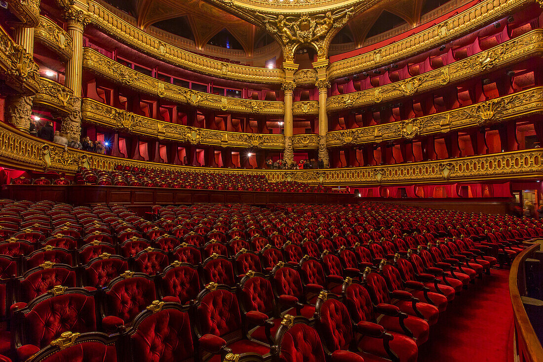performance hall, orchestra seats in the opera garnier, palais garnier, 9th arrondissement, (75), paris, ile-de-france, france