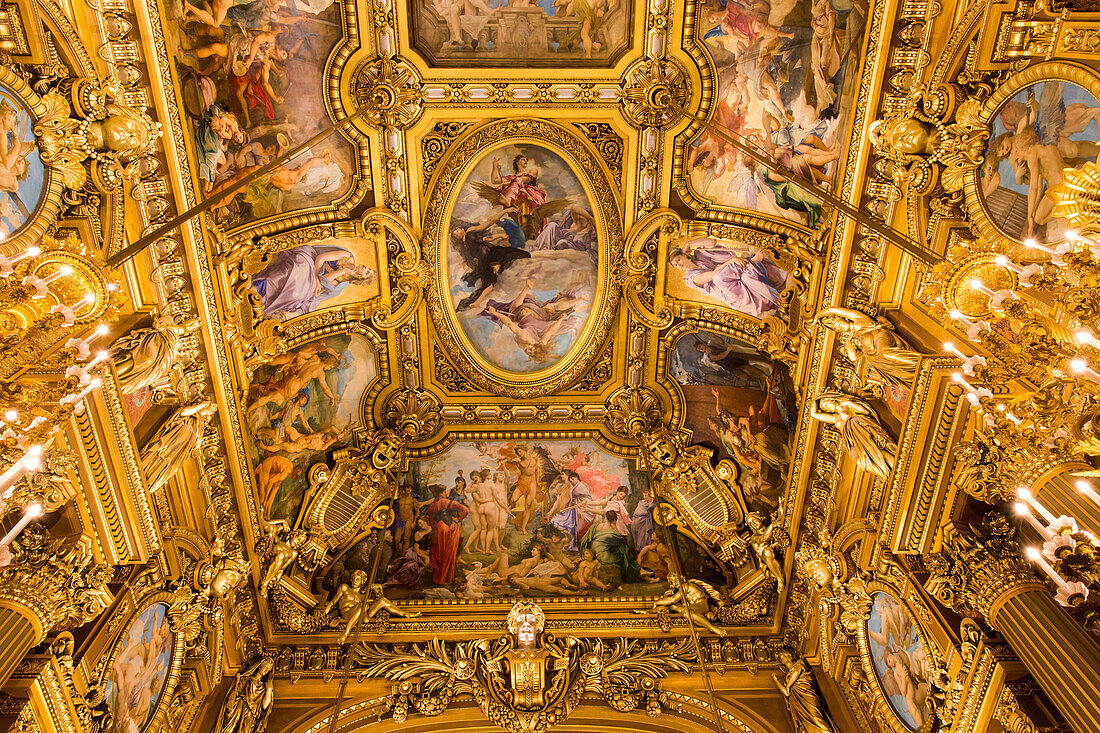 interior of the opera garnier, palais garnier, the great foyer painted by baudry, the ceiling takes on the classic themes of greek mythology, with thirty paintings on 500 square metres, 9th arrondissement, (75), paris, ile-de-france, france