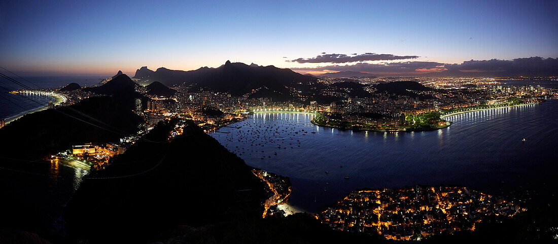 Night view from Sugar Loaf Mountain to the west, over Enseada de Botafogo bay, Rio de Janeiro, Rio de Janeiro, Brazil
