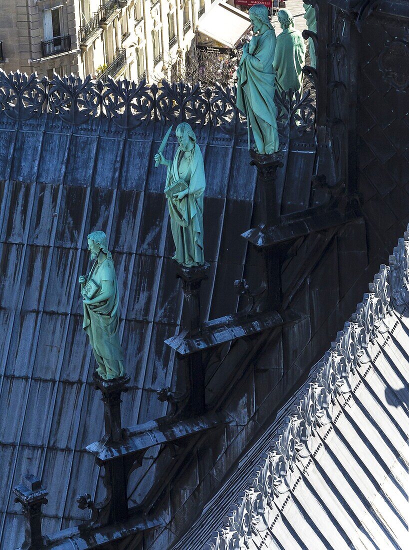 France, Paris, statues on the roof of Notre Dame