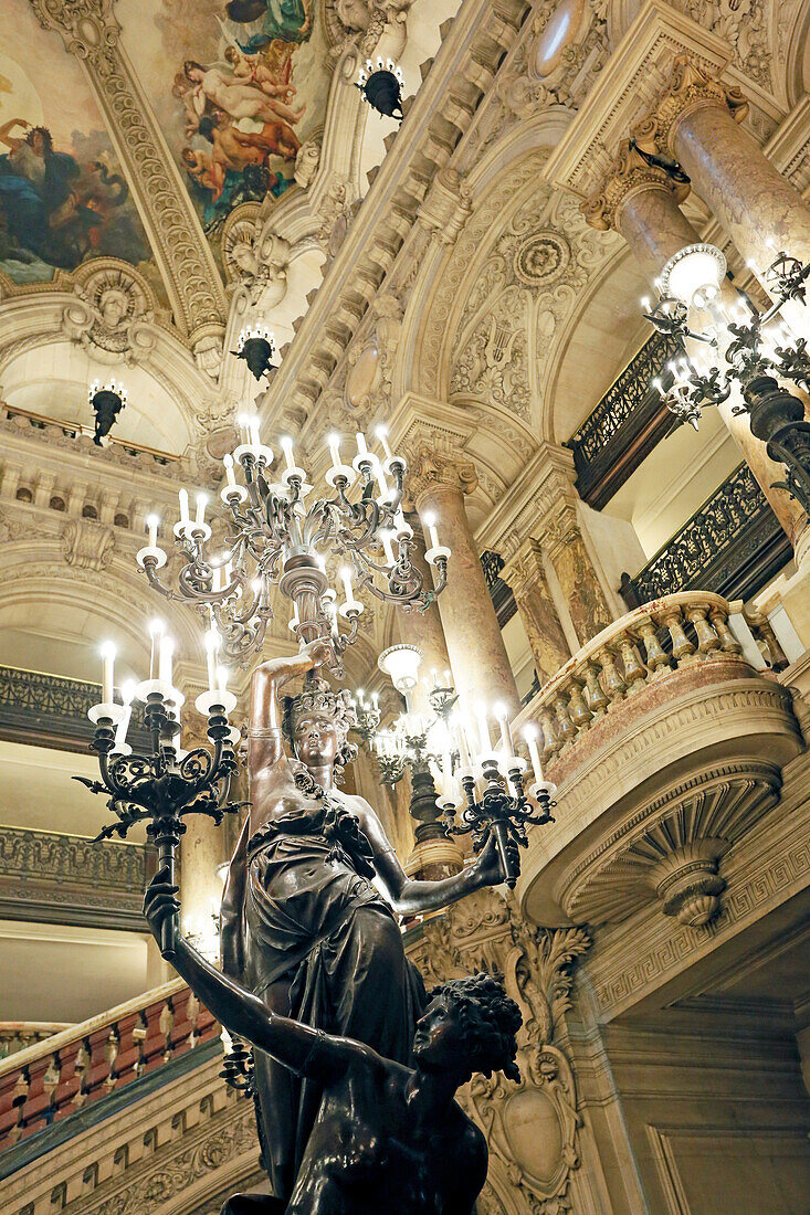 France,Paris, 9th district, Palais Garnier, Paris Opera, The Grand Staircase, Sculpture and chandeliers