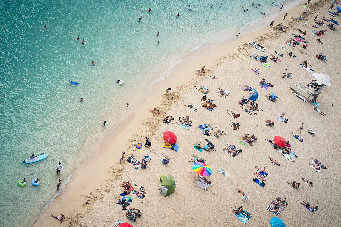 Aerial view of tourists on beach