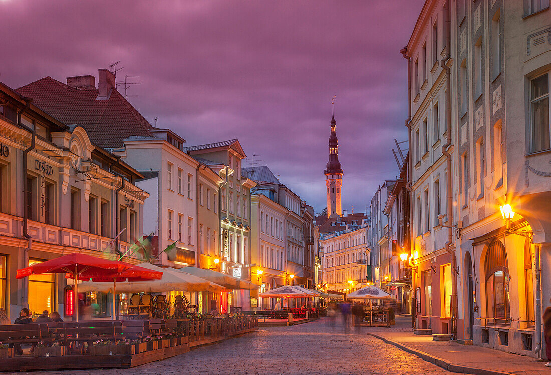 Illuminated street in cityscape, Tallin, Estonia