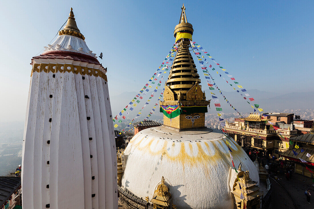 Aerial view of prayer flags hanging from temple, Kathmandu, Kathmandu Valley, Nepal