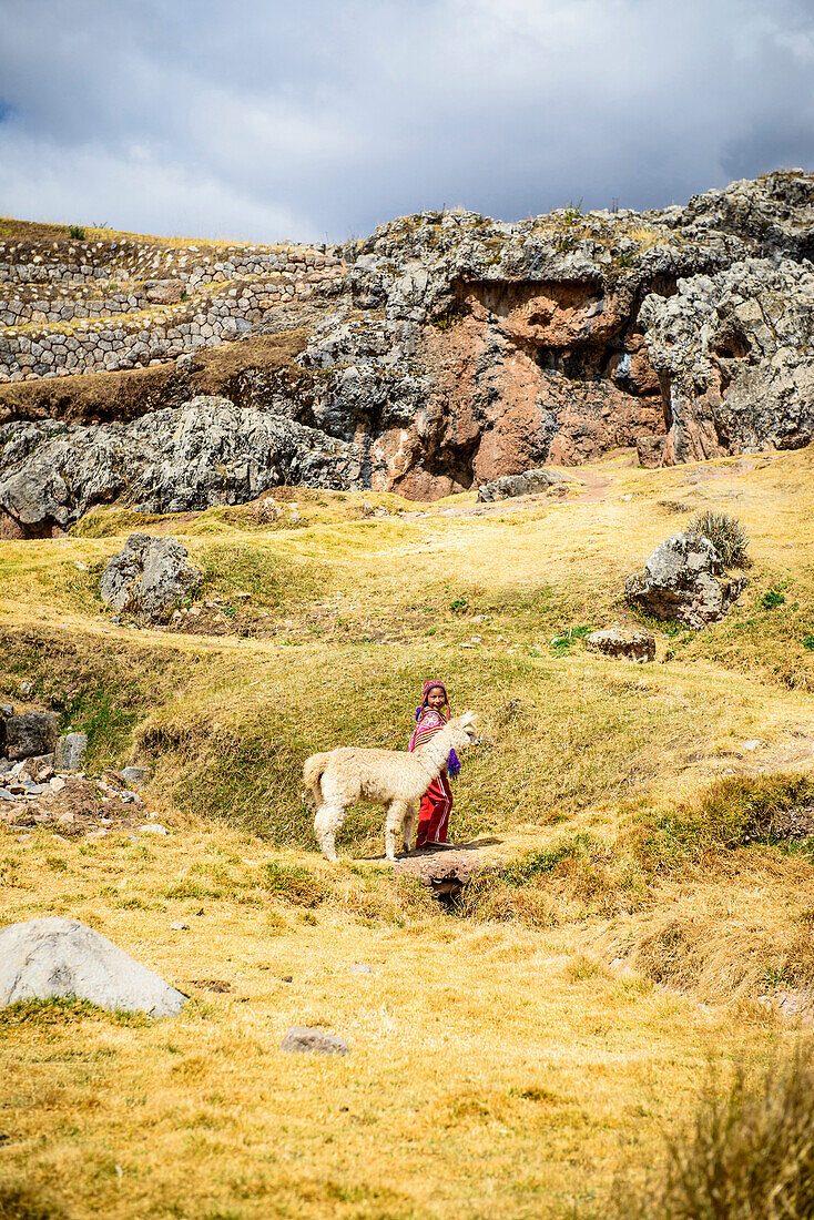 Hispanic girl walking llama in rural landscape