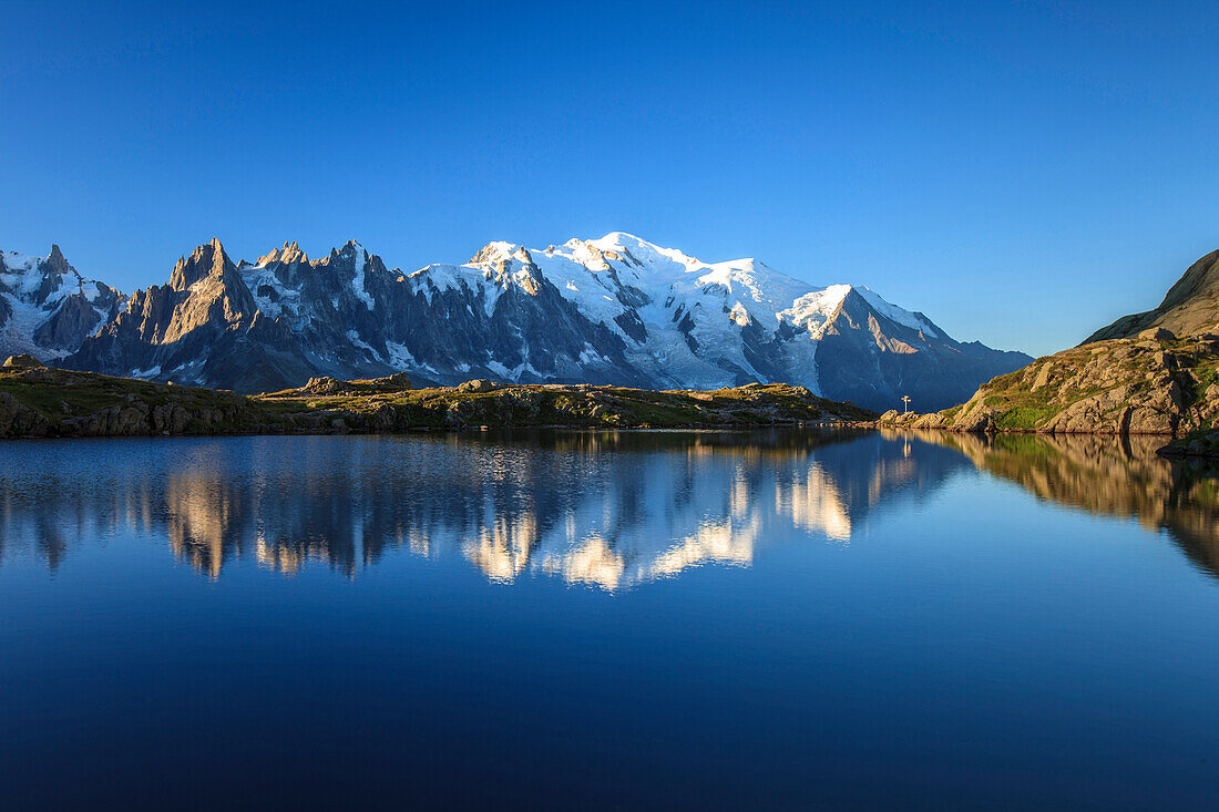 Mont Blanc, top of Europe, reflected during sunrise in Lac es Cheserys, Aiguilles Rouges Parc, Haute Savoie, French Alps, France, Europe