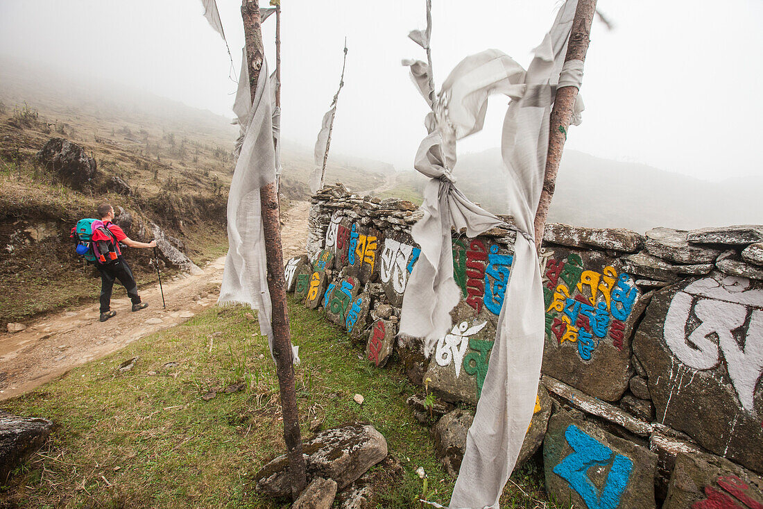 Gateway to Nepal with flags and Buddhist inscriptions near the village of Tumling, Nepal, Asia