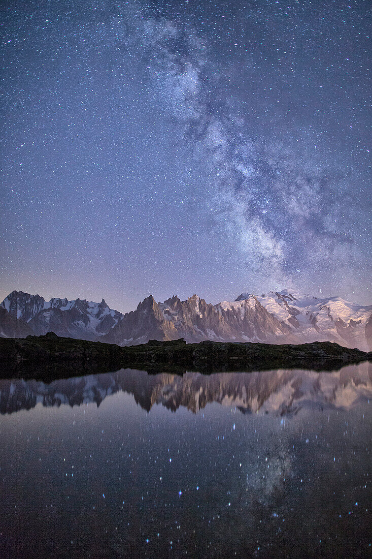 A sharp Milky Way on a starry night at Lac des Cheserys with Mont Blanc, Europe's highest peak, to the right, Haute Savoie, French Alps, France, Europe