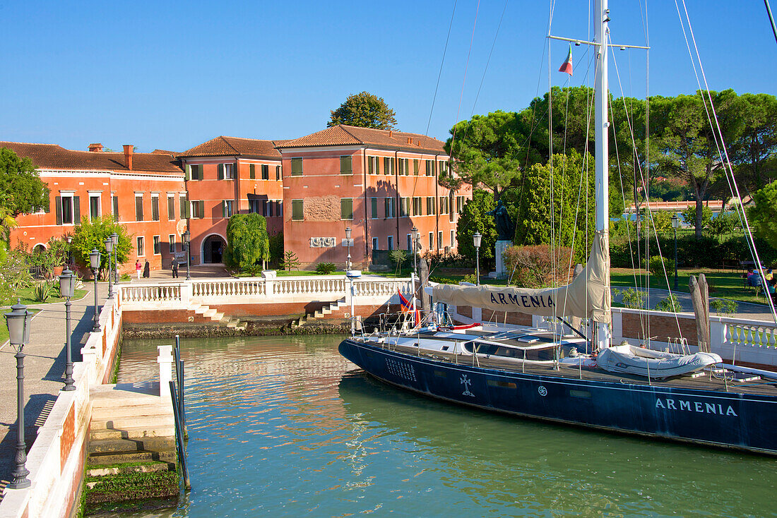 Armenian Monastery, San Lazzaro degli Armeni, and Armenian sail boat, Venice, UNESCO World Heritage Site, Veneto, Italy, Europe