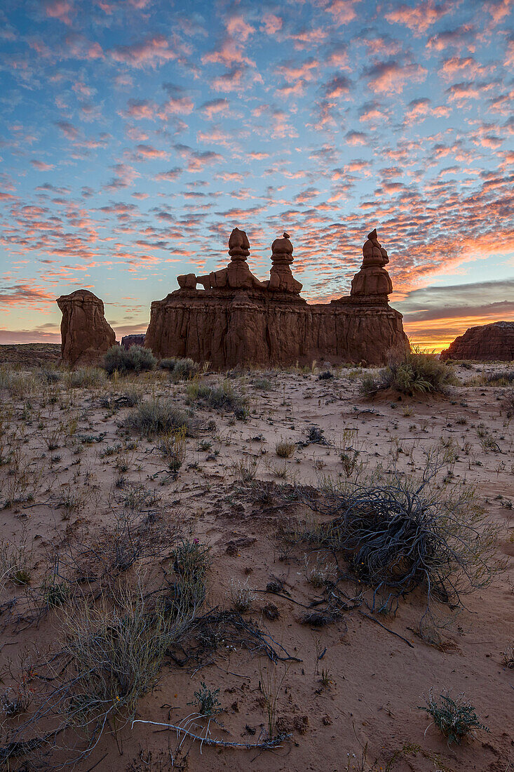 The Three Judges at sunrise, Goblin Valley State Park, Utah, United States of America, North America
