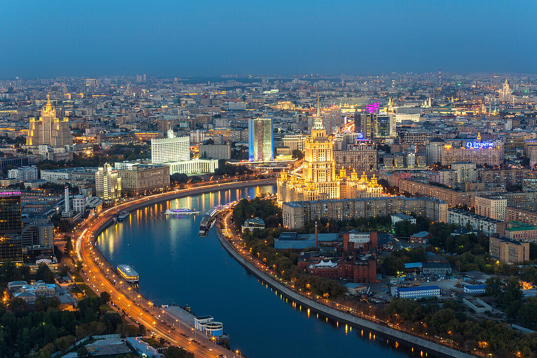 Elevated view over the Moskva River embankment, Ukraine Hotel and the Russian White House, Moscow, Russia, Europe