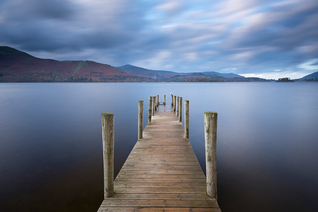 Wooden jetty at Ashness on Derwent Water, Lake District National Park, Cumbria, England, United Kingdom, Europe