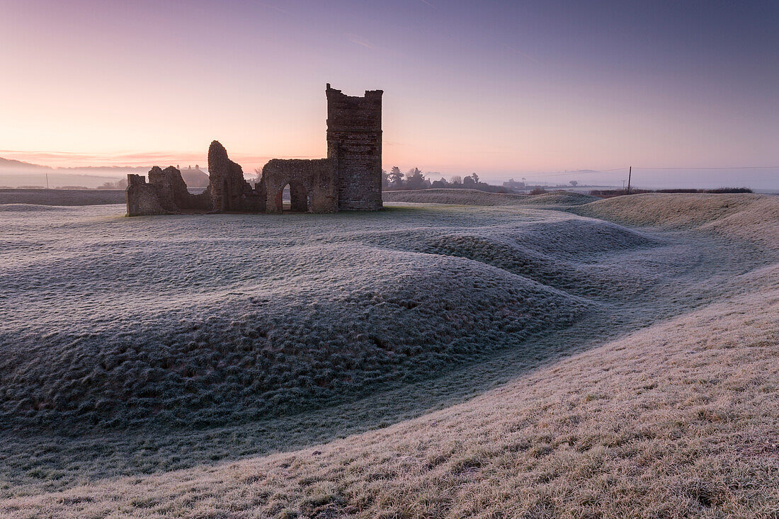 Abandoned ruin of Knowlton Church at dawn on a frosty winter morning, Dorset, England, United Kingdom, Europe