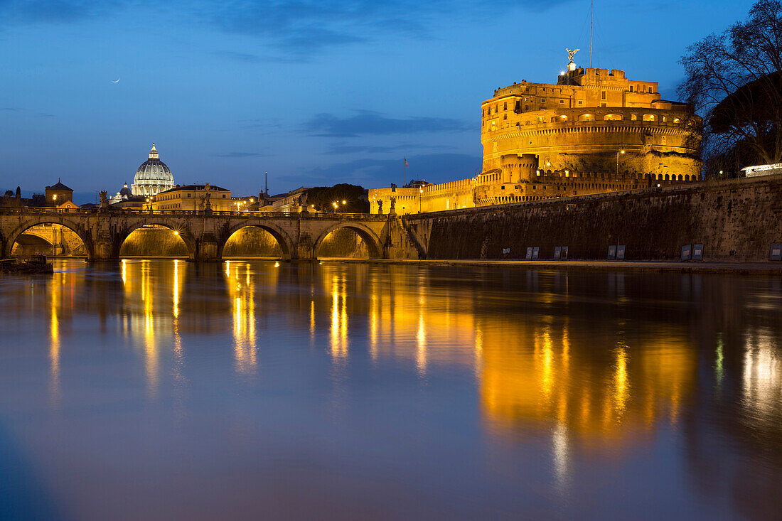 Castel Sant'Angelo and St. Peter's Basilica from the River Tiber at night, Rome, Lazio, Italy, Europe