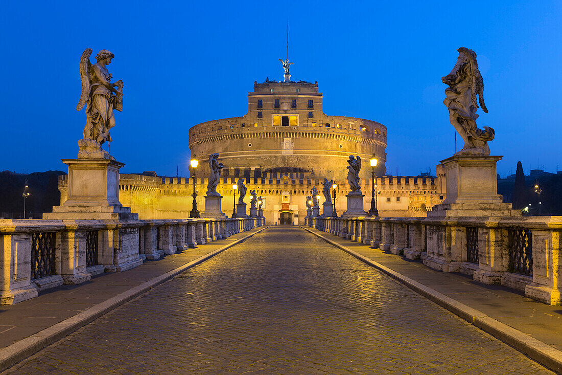 Ponte Sant'Angelo with 16th century statues and the Castel Sant'Angelo at night, Rome, Lazio, Italy, Europe