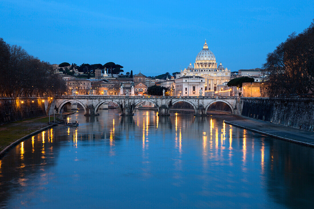 St. Peter's Basilica, the River Tiber and Ponte Sant'Angelo at night, Rome, Lazio, Italy, Europe