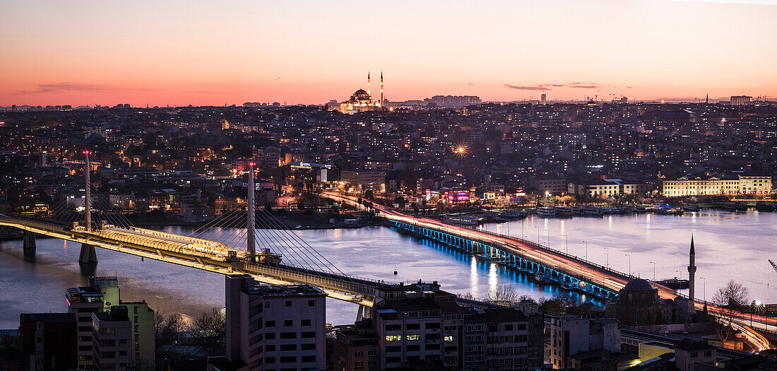 View over Istanbul skyline from The Galata Tower at night, Beyoglu, Istanbul, Turkey, Europe