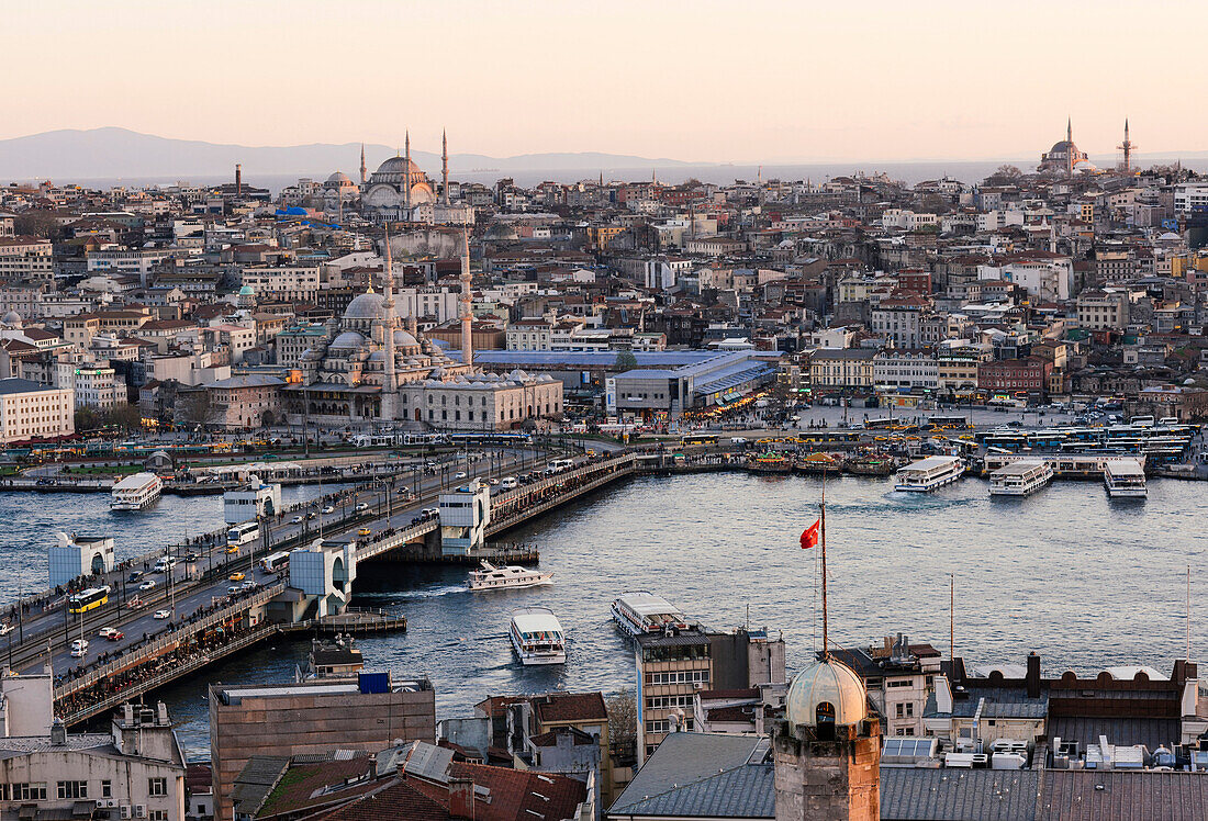 View over Istanbul skyline from The Galata Tower at sunset, Beyoglu, Istanbul, Turkey, Europe