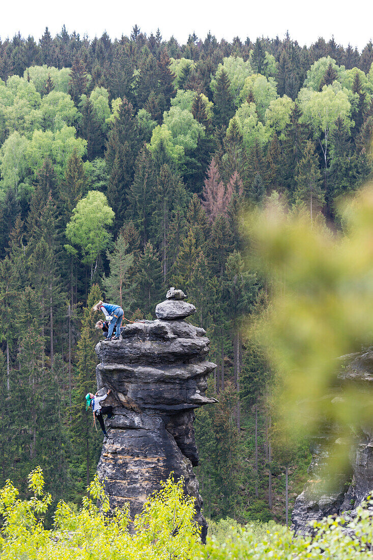 Kletterer in der Sächsischen Schweiz, Schraubenkopf, Alter Weg IV, Kletterfelsen, Sächsische Schweiz, Elbsandsteingebirge, Bielatal, bei Dresden, Sachsen, Deutschland, Europa