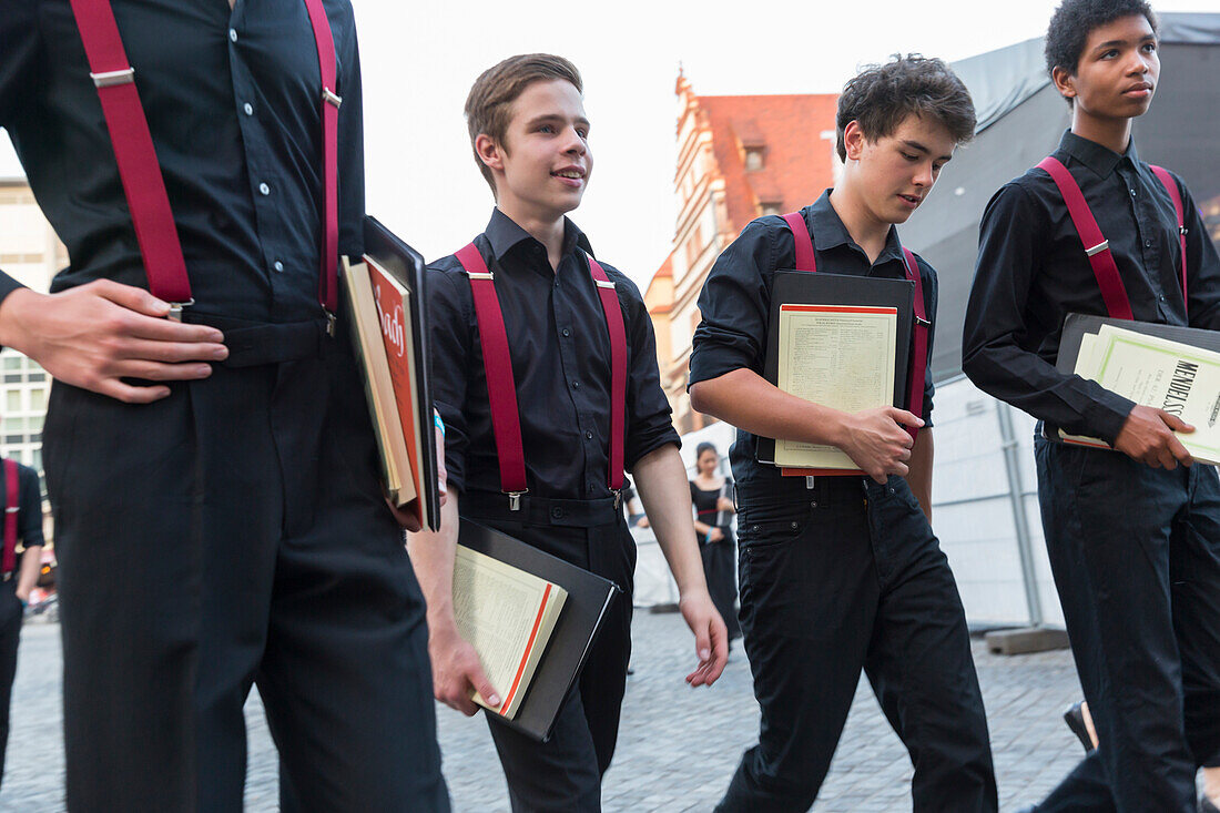 Young singers walking to the concert, Bachfest Leipzig 2015, German and Chinese choir, intercultural exchange, Bach Academy, Leipzig, Saxony, Germany