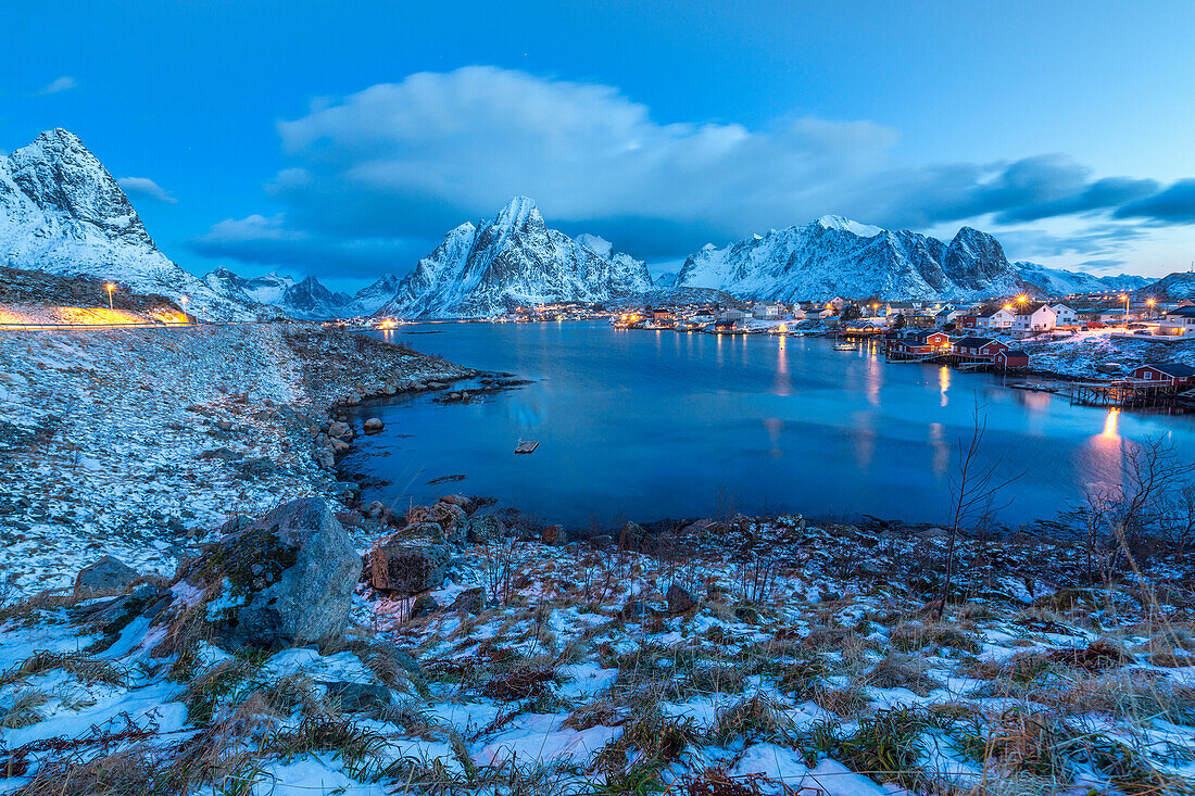 Blue of dusk dominates the scenery in Reine, Lofoten Islands, Arctic, Norway, Scandinavia, Europe