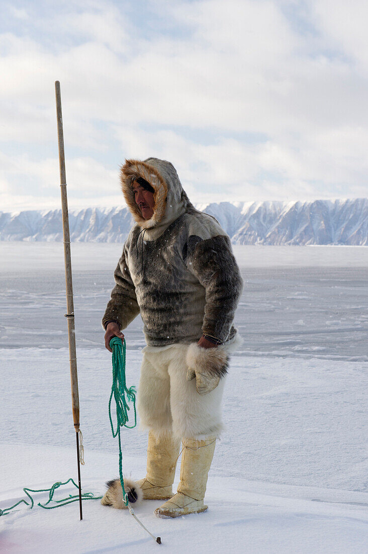 Inuit or Inughuit subsistence hunter in traditional clothing for winter and spring of seal skin boots (Kamiks), polar bear fur trousers, seal skin mitts and parka, Greenland, Denmark, Polar Regions