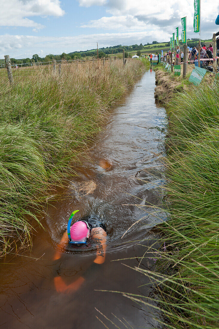 World Bogsnorkelling Championships, conceived in 1985 by Gordon Green, take place at Waen Rhydd Bog in the Cambrian Mountains, Powys, Wales, United Kingdom, Europe