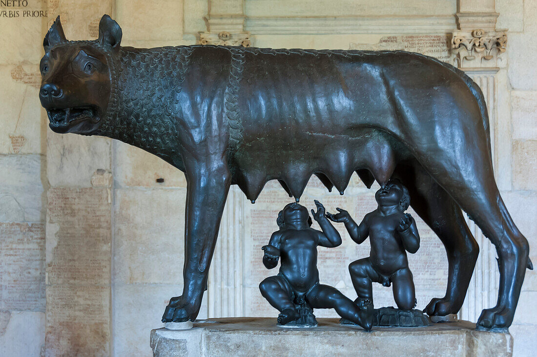 She Wolf sculpture dating from the 5th century BC, Romulus and Remus probably added later, Capitolini Museum, Rome, Lazio, Italy, Europe