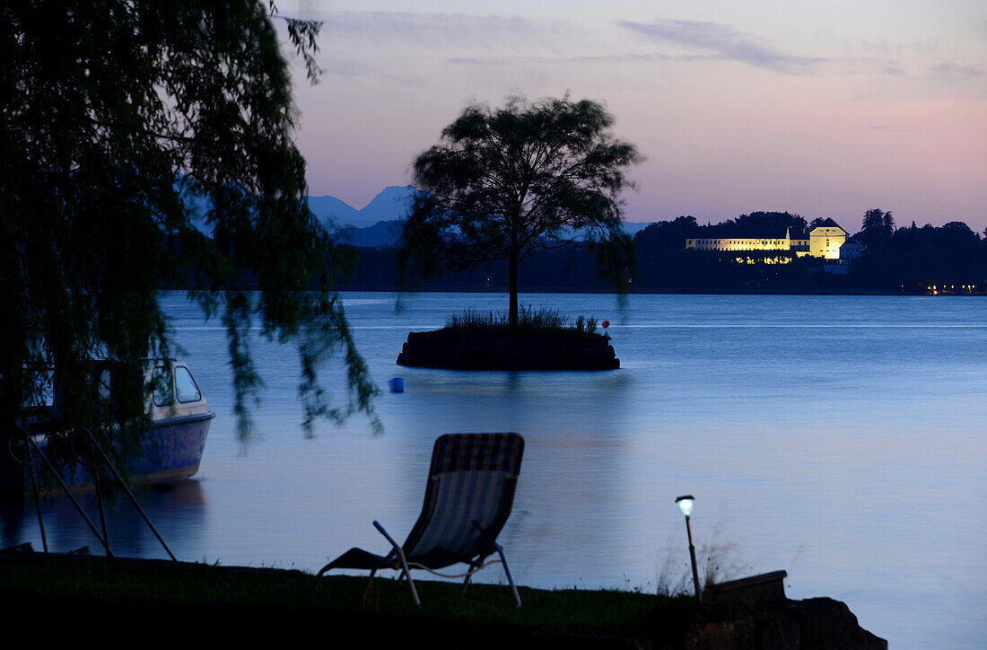 in the evening on the Island of our lady, Chiem lake, Upper Bavaria, Bavaria, Germany