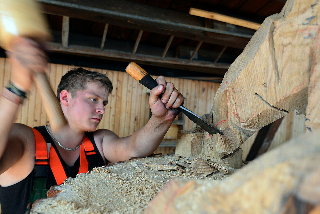 Student working in the Carving school, Oberammergau, Upper Bavaria, Bavaria, Germany