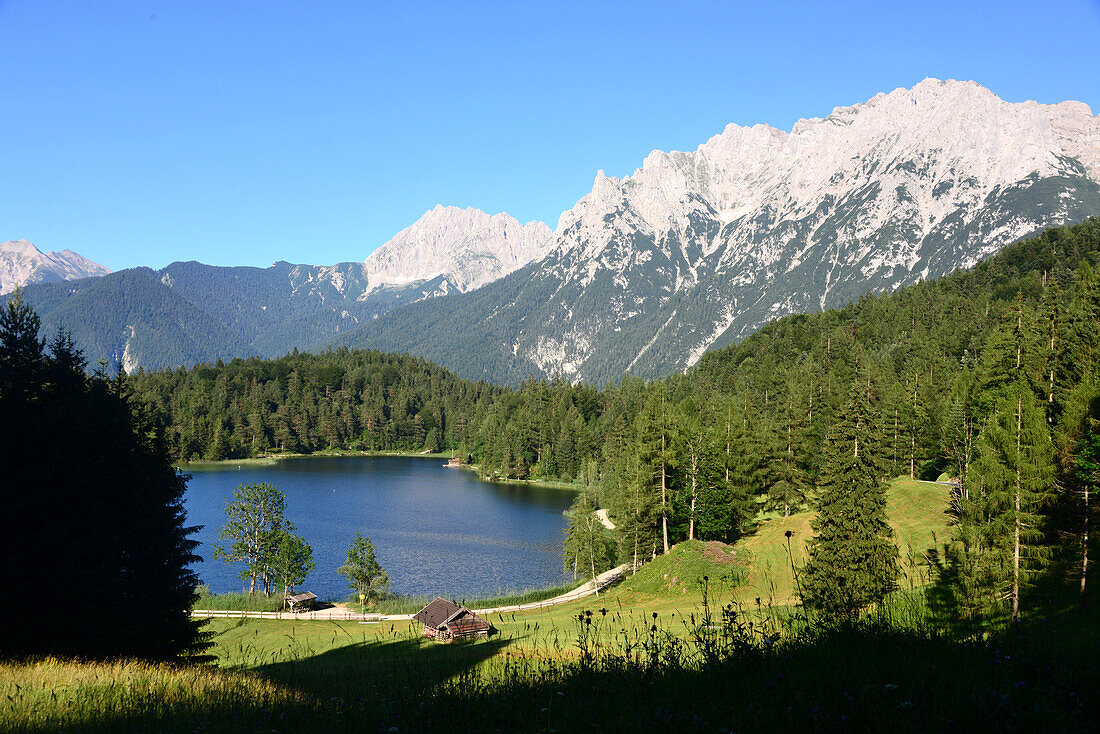Lauter lake with Karwendel range near Mittenwald at Karwendel range, Upper Bavaria, Bavaria, Germany