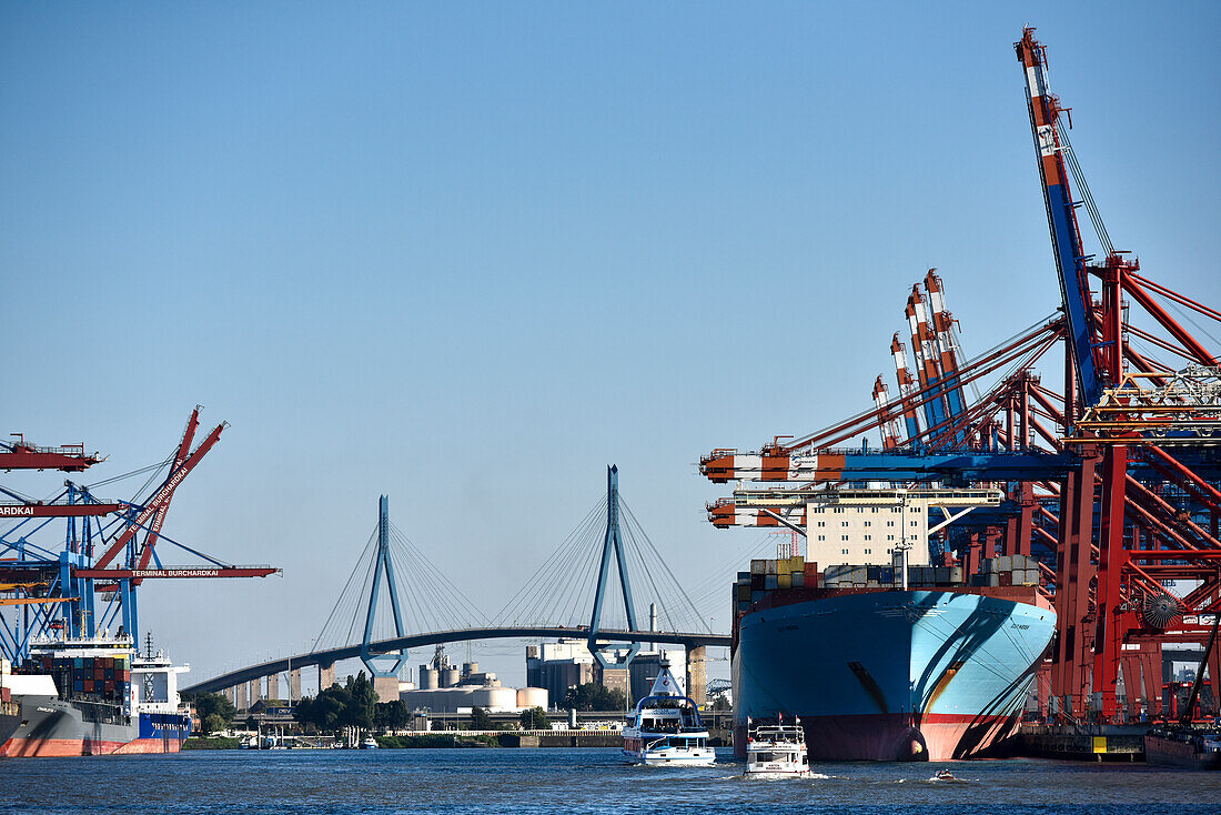 Container port with Koehlbrand bridge, Hamburg, Germany