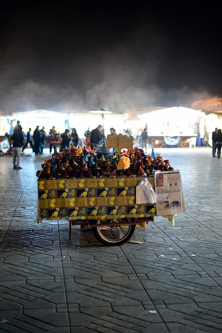People and stalls on Djemaa el-Fna, Marrakech, Morocco